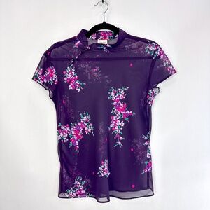 Calvin Klein Purple Floral Sheer Short Sleeve Blouse